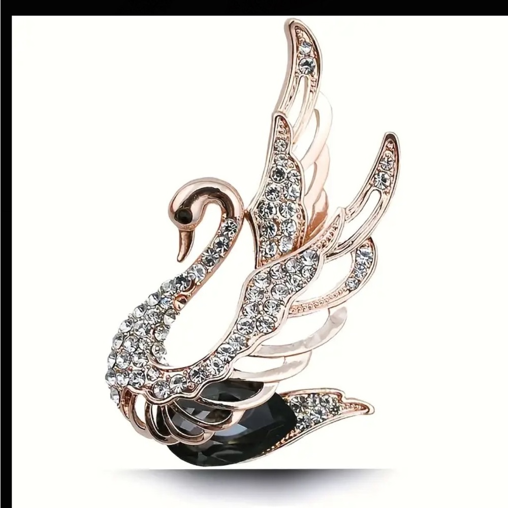 Elegant Swan Crystal Brooch - Gold and Black
